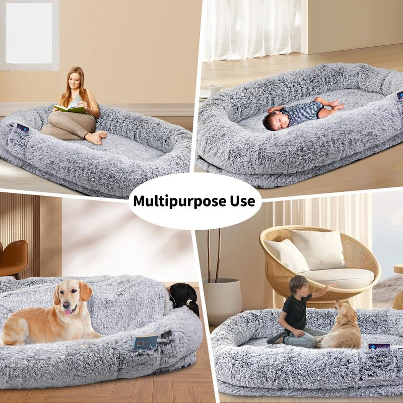 Human Dog Bed, Dog Bed with Soft Blanket and Pillow, Washable Faux Fur Human Dog Bed for People Doze Off, Orthopedic Removable Giant Adult Dog Bed, Memory Foam, Machine Washable, and Durable, Perfect Nap and Floor Bed for Humans Family