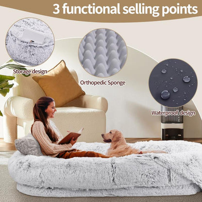 Human Dog Bed, Dog Bed with Soft Blanket and Pillow, Washable Faux Fur Human Dog Bed for People Doze Off, Orthopedic Removable Giant Adult Dog Bed, Memory Foam, Machine Washable, and Durable, Perfect Nap and Floor Bed for Humans Family
