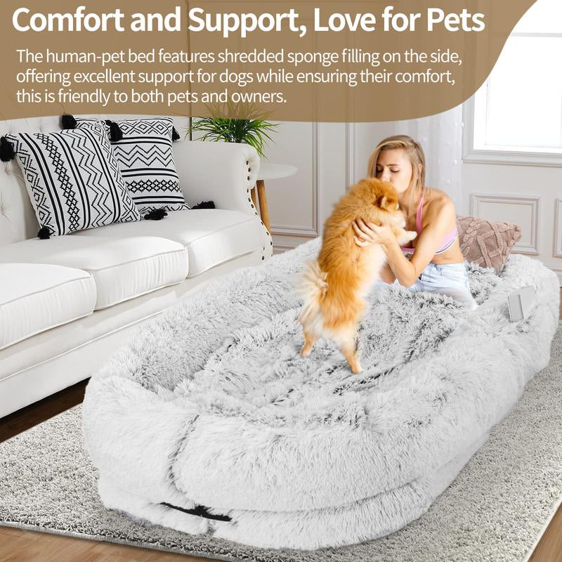 Human Dog Bed, Dog Bed with Soft Blanket and Pillow, Washable Faux Fur Human Dog Bed for People Doze Off, Orthopedic Removable Giant Adult Dog Bed, Memory Foam, Machine Washable, and Durable, Perfect Nap and Floor Bed for Humans Family