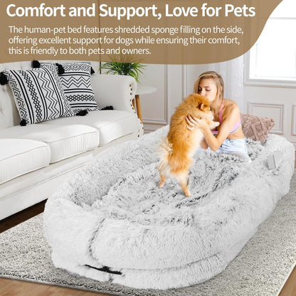 Human Dog Bed, Dog Bed with Soft Blanket and Pillow, Washable Faux Fur Human Dog Bed for People Doze Off, Orthopedic Removable Giant Adult Dog Bed, Memory Foam, Machine Washable, and Durable, Perfect Nap and Floor Bed for Humans Family