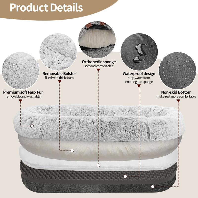 Human Dog Bed, Dog Bed with Soft Blanket and Pillow, Washable Faux Fur Human Dog Bed for People Doze Off, Orthopedic Removable Giant Adult Dog Bed, Memory Foam, Machine Washable, and Durable, Perfect Nap and Floor Bed for Humans Family