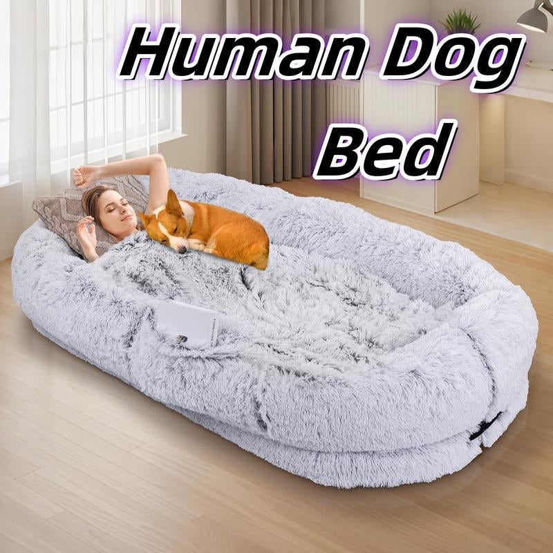 Human Dog Bed, Dog Bed with Soft Blanket and Pillow, Washable Faux Fur Human Dog Bed for People Doze Off, Orthopedic Removable Giant Adult Dog Bed, Memory Foam, Machine Washable, and Durable, Perfect Nap and Floor Bed for Humans Family
