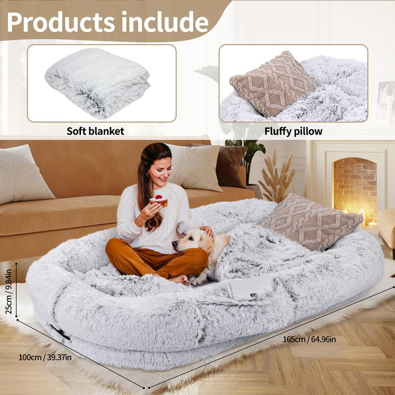 Human Dog Bed, Dog Bed with Soft Blanket and Pillow, Washable Faux Fur Human Dog Bed for People Doze Off, Orthopedic Removable Giant Adult Dog Bed, Memory Foam, Machine Washable, and Durable, Perfect Nap and Floor Bed for Humans Family
