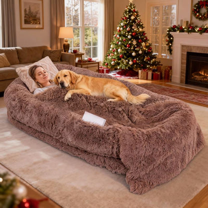 Human Dog Bed, Dog Bed with Soft Blanket and Pillow, Washable Faux Fur Human Dog Bed for People Doze Off, Orthopedic Removable Giant Adult Dog Bed, Memory Foam, Machine Washable, and Durable, Perfect Nap and Floor Bed for Humans Family