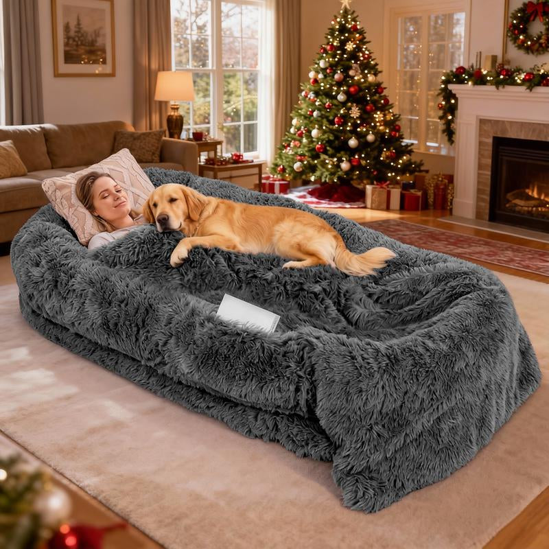 Human Dog Bed, Dog Bed with Soft Blanket and Pillow, Washable Faux Fur Human Dog Bed for People Doze Off, Orthopedic Removable Giant Adult Dog Bed, Memory Foam, Machine Washable, and Durable, Perfect Nap and Floor Bed for Humans Family
